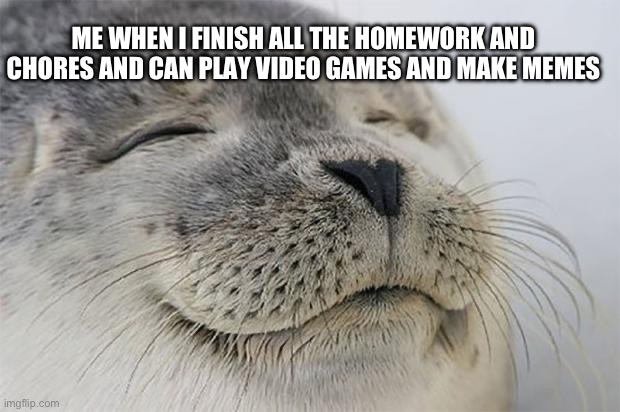 School be unimportant | ME WHEN I FINISH ALL THE HOMEWORK AND CHORES AND CAN PLAY VIDEO GAMES AND MAKE MEMES | image tagged in memes,satisfied seal,video games,meme,homework | made w/ Imgflip meme maker