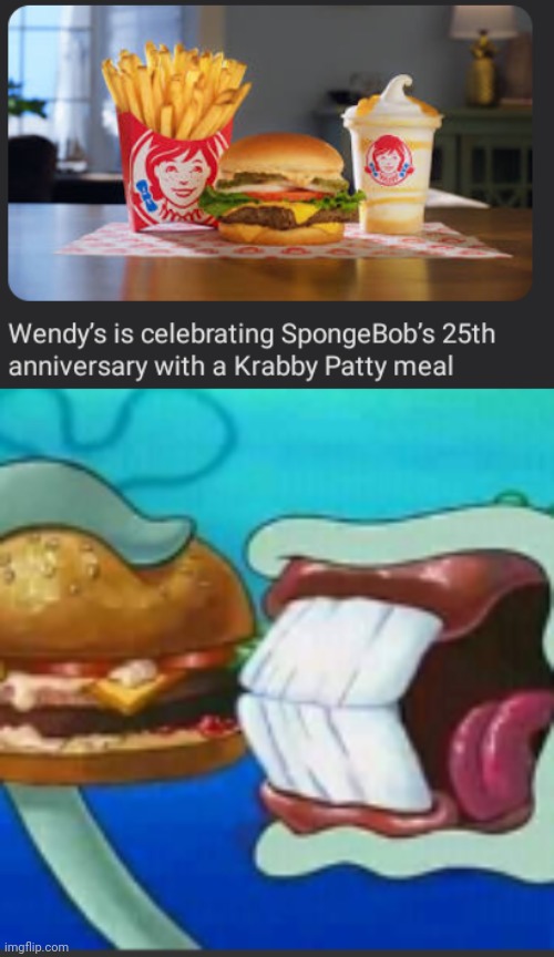 Krabby patty meal | image tagged in squidward eating a krabby patty,krabby patty,meal,spongebob squarepants,memes,wendy's | made w/ Imgflip meme maker