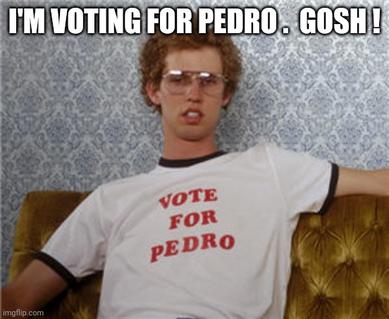 Vote for pedro  | I'M VOTING FOR PEDRO .  GOSH ! | image tagged in vote for pedro | made w/ Imgflip meme maker