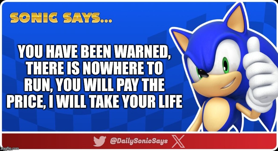 Sonic Says #61 | YOU HAVE BEEN WARNED, THERE IS NOWHERE TO RUN, YOU WILL PAY THE PRICE, I WILL TAKE YOUR LIFE | image tagged in sonic says v3,sonic the hedgehog,sonic says,funny | made w/ Imgflip meme maker