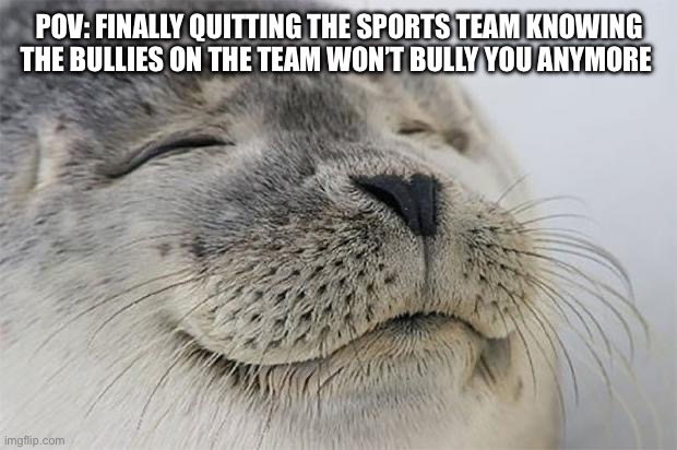 FINALLY! | POV: FINALLY QUITTING THE SPORTS TEAM KNOWING THE BULLIES ON THE TEAM WON’T BULLY YOU ANYMORE | image tagged in memes,satisfied seal,finally,its finally over,relief | made w/ Imgflip meme maker