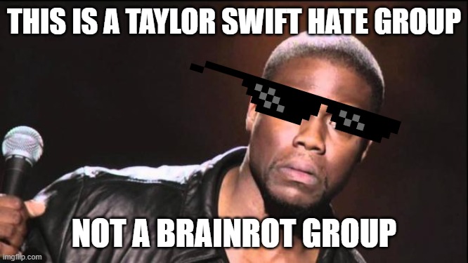 kevin heart idiot | THIS IS A TAYLOR SWIFT HATE GROUP NOT A BRAINROT GROUP | image tagged in kevin heart idiot | made w/ Imgflip meme maker