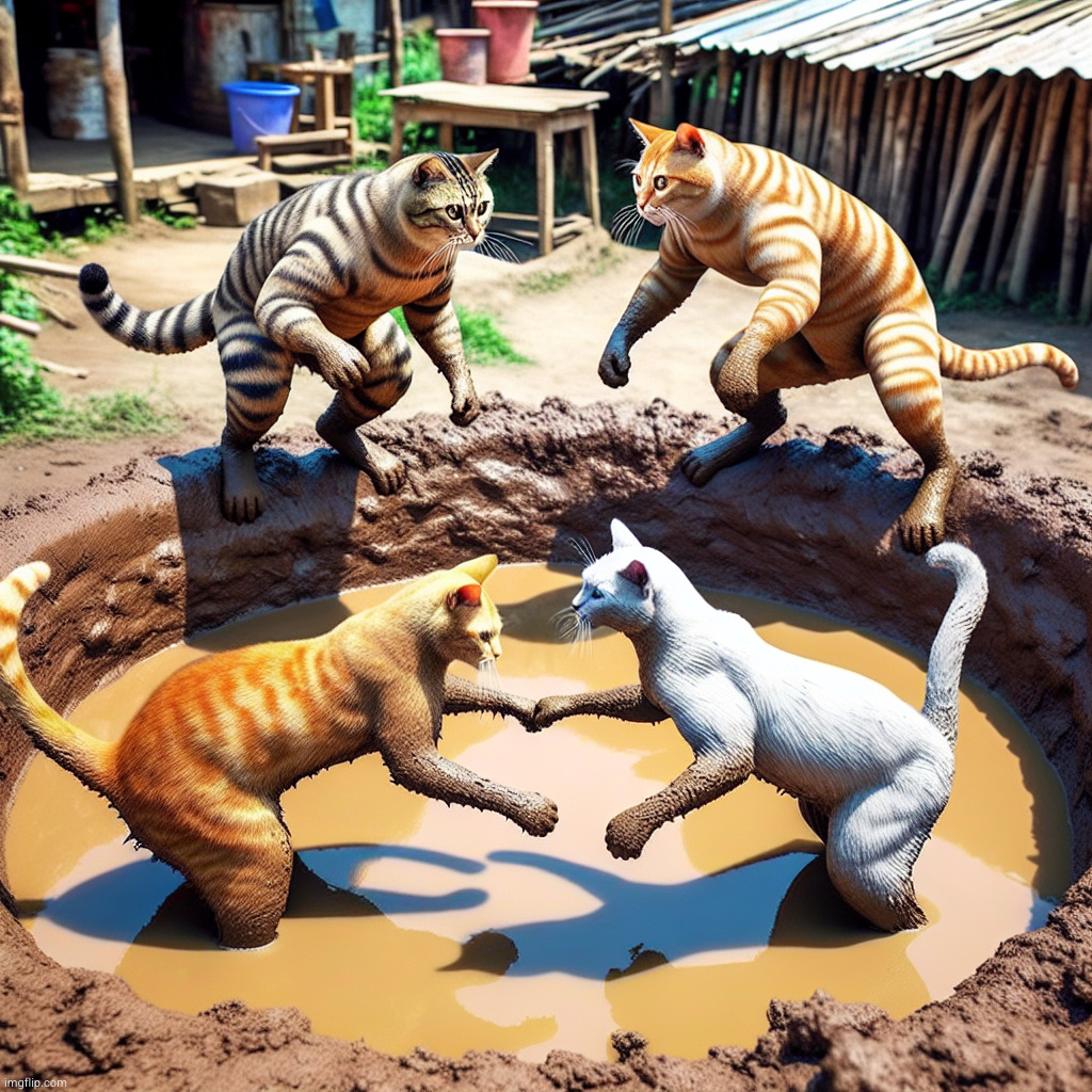 4 cats tag-team wrestling in a mud pit | image tagged in ai generated | made w/ Imgflip meme maker