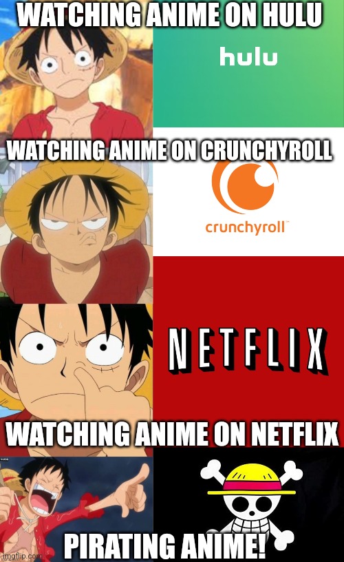 AS LONG AS LUFFY HAD PLENTY OF MEAT TO EAT | WATCHING ANIME ON HULU; WATCHING ANIME ON CRUNCHYROLL; WATCHING ANIME ON NETFLIX; PIRATING ANIME! | image tagged in hulu,goddam you netflix,anime,anime meme,pirates,one piece | made w/ Imgflip meme maker