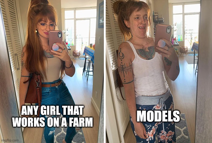 Farm girls | ANY GIRL THAT WORKS ON A FARM; MODELS | image tagged in farmer | made w/ Imgflip meme maker