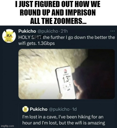 I JUST FIGURED OUT HOW WE 
ROUND UP AND IMPRISON 
ALL THE ZOOMERS... | image tagged in zoomers,cave,wi-fi | made w/ Imgflip meme maker