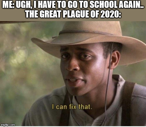 if you know, you know | ME: UGH, I HAVE TO GO TO SCHOOL AGAIN..
THE GREAT PLAGUE OF 2020: | image tagged in i can fix that,school | made w/ Imgflip meme maker