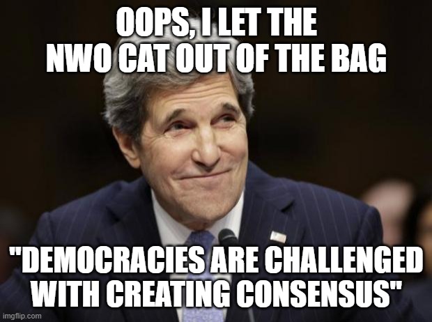 john kerry smiling | OOPS, I LET THE NWO CAT OUT OF THE BAG "DEMOCRACIES ARE CHALLENGED WITH CREATING CONSENSUS" | image tagged in john kerry smiling | made w/ Imgflip meme maker