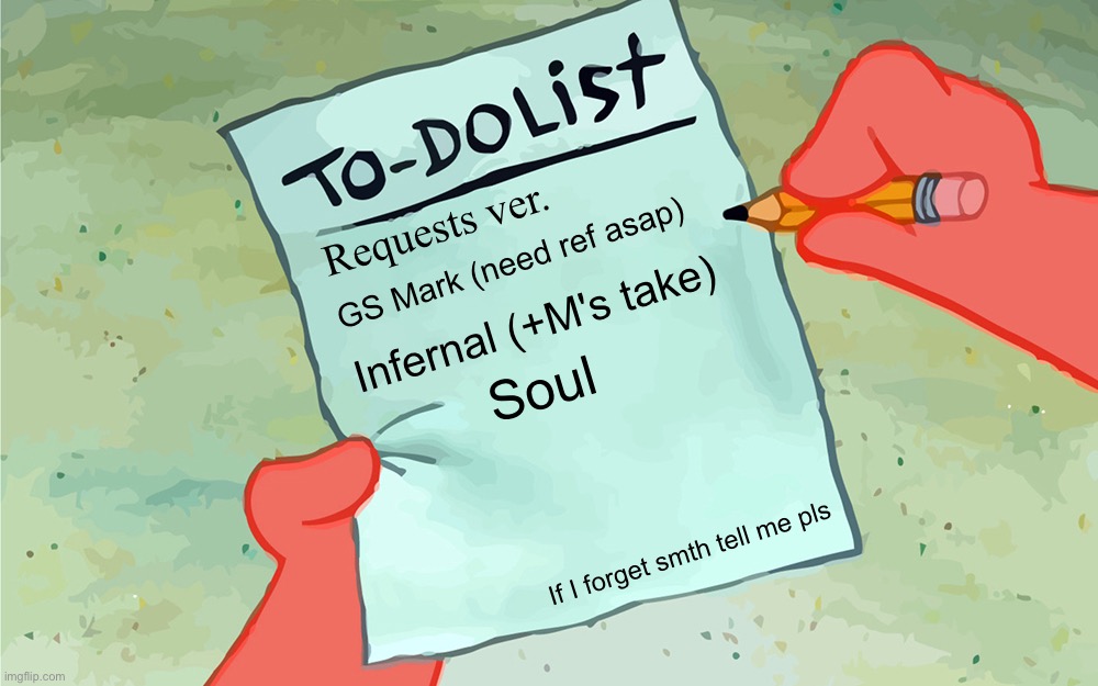 Ah shit im busy asf- (Also GN chat!) | Requests ver. GS Mark (need ref asap); Infernal (+M's take); Soul; If I forget smth tell me pls | image tagged in patrick to do list actually blank | made w/ Imgflip meme maker