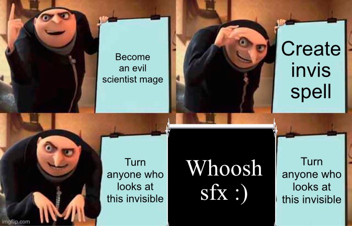 POV: you become a mage but don’t listen in magic class | Become an evil scientist mage; Create invis spell; Turn anyone who looks at this invisible; Turn anyone who looks at this invisible; Whoosh sfx :) | image tagged in memes,gru's plan | made w/ Imgflip meme maker