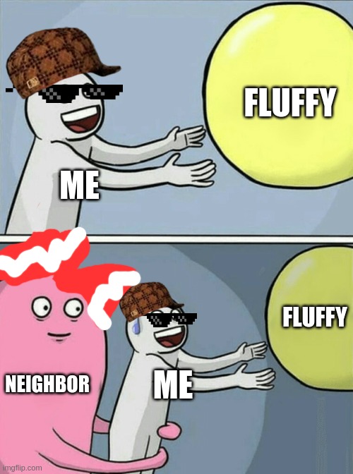 Running Away Balloon | FLUFFY; ME; FLUFFY; NEIGHBOR; ME | image tagged in memes,running away balloon | made w/ Imgflip meme maker