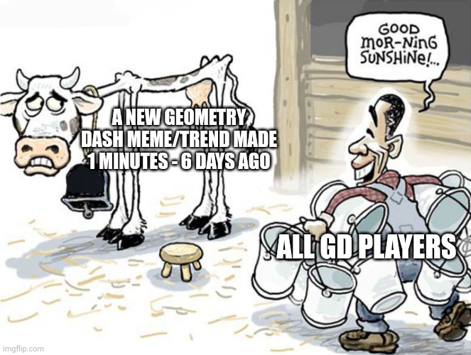 milking the cow | A NEW GEOMETRY DASH MEME/TREND MADE 1 MINUTES - 6 DAYS AGO; ALL GD PLAYERS | image tagged in milking the cow | made w/ Imgflip meme maker