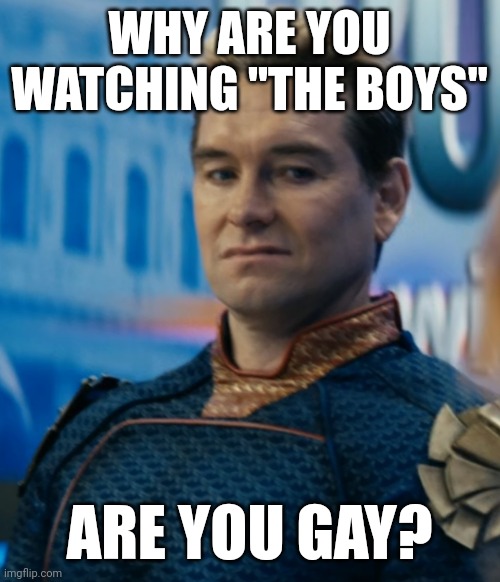 Sounds gay af to me! | WHY ARE YOU WATCHING "THE BOYS"; ARE YOU GAY? | image tagged in homelander disgusted | made w/ Imgflip meme maker