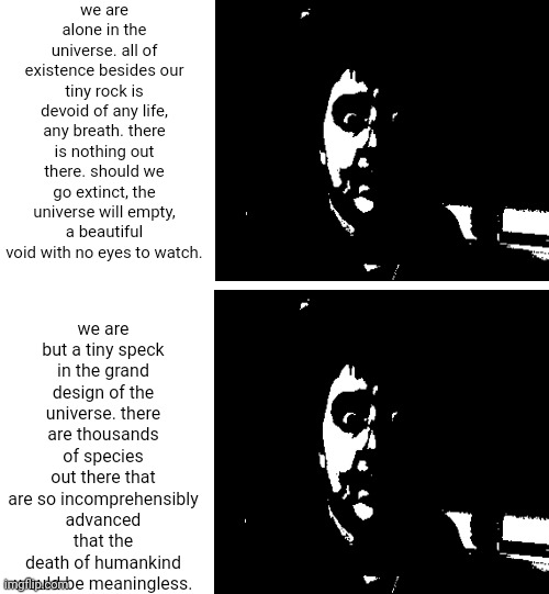 we are alone in the universe. all of existence besides our tiny rock is devoid of any life, any breath. there is nothing out there. should we go extinct, the universe will empty, a beautiful void with no eyes to watch. we are but a tiny speck in the grand design of the universe. there are thousands of species out there that are so incomprehensibly advanced that the death of humankind would be meaningless. | made w/ Imgflip meme maker