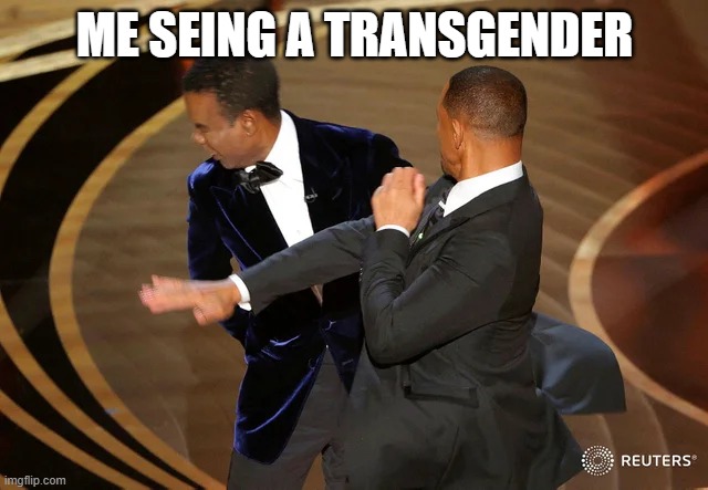 this is just a joke it isnt true | ME SEING A TRANSGENDER | image tagged in will smith punching chris rock | made w/ Imgflip meme maker