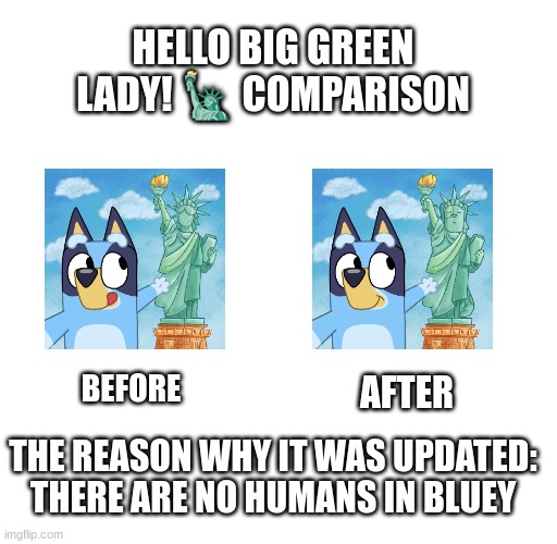 HELLO BIG GREEN LADY! 🗽 COMPARISON; BEFORE; AFTER; THE REASON WHY IT WAS UPDATED: THERE ARE NO HUMANS IN BLUEY | image tagged in bluey,humans | made w/ Imgflip meme maker