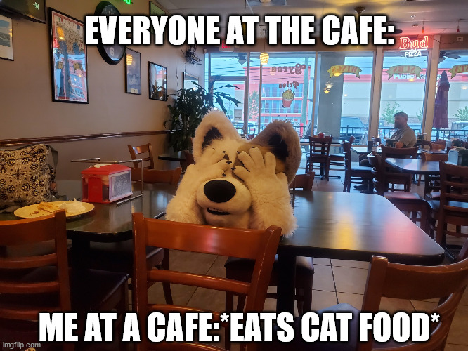 lol i eat cat food i dont recommend eating it tho... | EVERYONE AT THE CAFE:; ME AT A CAFE:*EATS CAT FOOD* | image tagged in arfie don't want to see | made w/ Imgflip meme maker