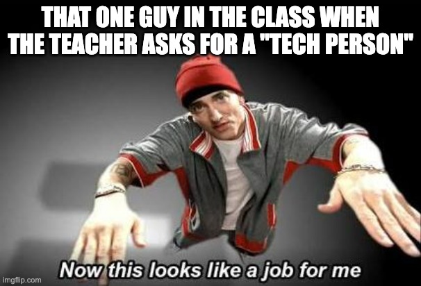 Now this looks like a job for me | THAT ONE GUY IN THE CLASS WHEN THE TEACHER ASKS FOR A "TECH PERSON" | image tagged in now this looks like a job for me,work,eminem,job,tech,gaming | made w/ Imgflip meme maker