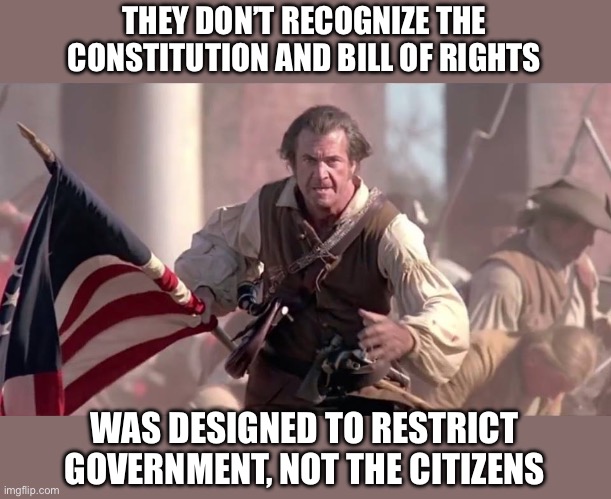 The Patriot | THEY DON’T RECOGNIZE THE CONSTITUTION AND BILL OF RIGHTS WAS DESIGNED TO RESTRICT GOVERNMENT, NOT THE CITIZENS | image tagged in the patriot | made w/ Imgflip meme maker