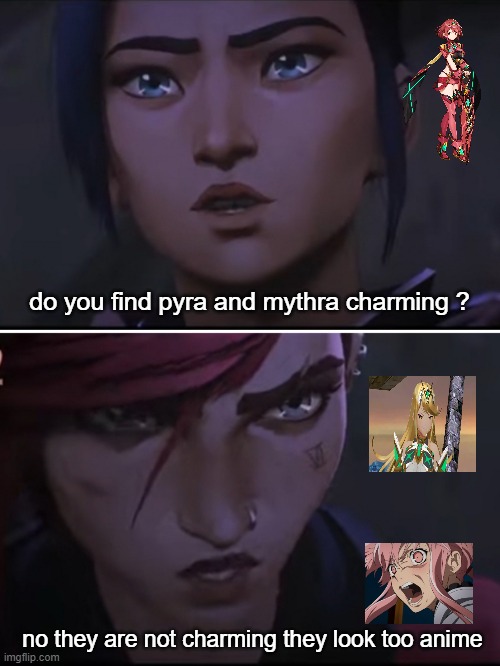 vi hates pyra and mythra | do you find pyra and mythra charming ? no they are not charming they look too anime | image tagged in they were killed by enforcers,too cute,videogames,nintendo,funny memes,rpg | made w/ Imgflip meme maker