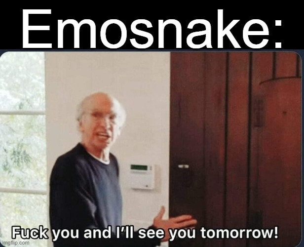 F**k you I'll see you tomorrow | Emosnake: | image tagged in f k you i'll see you tomorrow | made w/ Imgflip meme maker