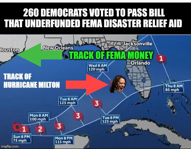 Flippin' the script | 260 DEMOCRATS VOTED TO PASS BILL THAT UNDERFUNDED FEMA DISASTER RELIEF AID; TRACK OF FEMA MONEY | image tagged in fema,misappropriation,disaster relief,north carolina,illegal immigration,congress | made w/ Imgflip meme maker