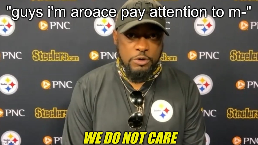 we do not care | "guys i'm aroace pay attention to m-" | image tagged in we do not care | made w/ Imgflip meme maker