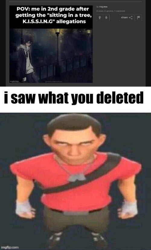 @-Forgotten- | image tagged in i saw what you deleted scout | made w/ Imgflip meme maker