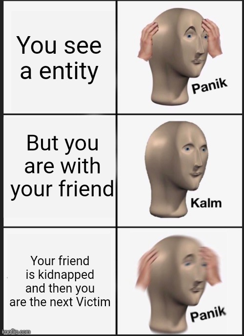 Never do singleplayer when you see an entity | You see a entity; But you are with your friend; Your friend is kidnapped and then you are the next Victim | image tagged in memes,panik kalm panik | made w/ Imgflip meme maker