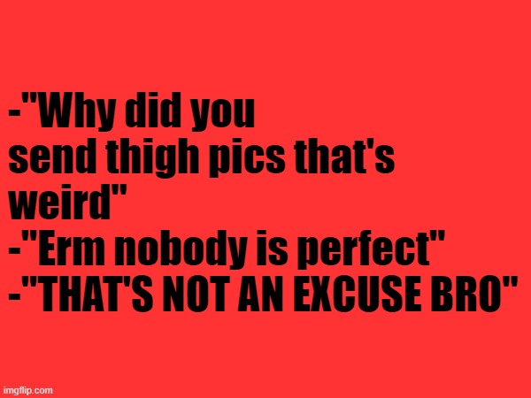 -"Why did you send thigh pics that's weird"
-"Erm nobody is perfect"
-"THAT'S NOT AN EXCUSE BRO" | made w/ Imgflip meme maker
