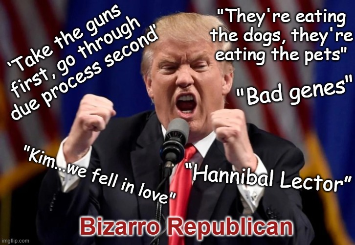 Trump - Bizarro Republican - opposite world insanity | "They're eating the dogs, they're eating the pets"; ‘Take the guns first, go through due process second’; "Bad genes"; "Kim...we fell in love"; “Hannibal Lector”; Bizarro Republican | image tagged in cray-cray,ranting,mental illness,dementia,autocratic,authoritarian | made w/ Imgflip meme maker