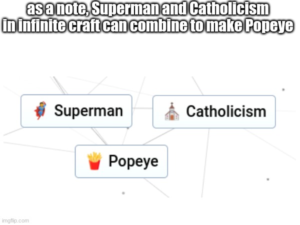 Infinite craft be like | as a note, Superman and Catholicism in infinite craft can combine to make Popeye | image tagged in infinite craft,superman,catholicism,popeye | made w/ Imgflip meme maker