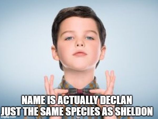 I am Sheldon | NAME IS ACTUALLY DECLAN

JUST THE SAME SPECIES AS SHELDON | image tagged in sheldon cooper | made w/ Imgflip meme maker