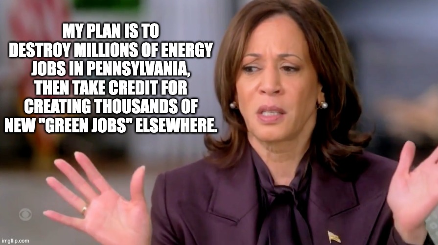 Kamalogic | MY PLAN IS TO DESTROY MILLIONS OF ENERGY JOBS IN PENNSYLVANIA, THEN TAKE CREDIT FOR CREATING THOUSANDS OF NEW "GREEN JOBS" ELSEWHERE. | image tagged in energy,kamala is stupid,harris walz | made w/ Imgflip meme maker