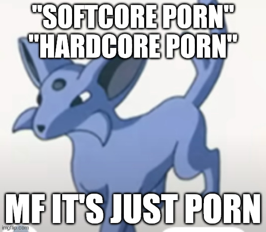 there is no softcore or hardcore, just porn | "SOFTCORE PORN"
"HARDCORE PORN"; MF IT'S JUST PORN | image tagged in stupid fucking espeon leak | made w/ Imgflip meme maker