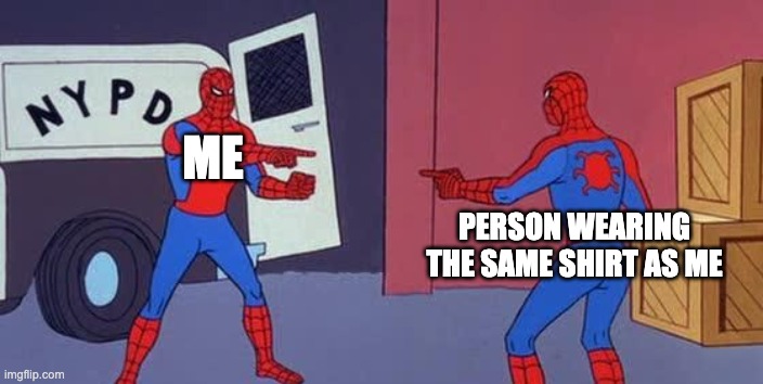 Spider Man Double | ME; PERSON WEARING THE SAME SHIRT AS ME | image tagged in spider man double | made w/ Imgflip meme maker