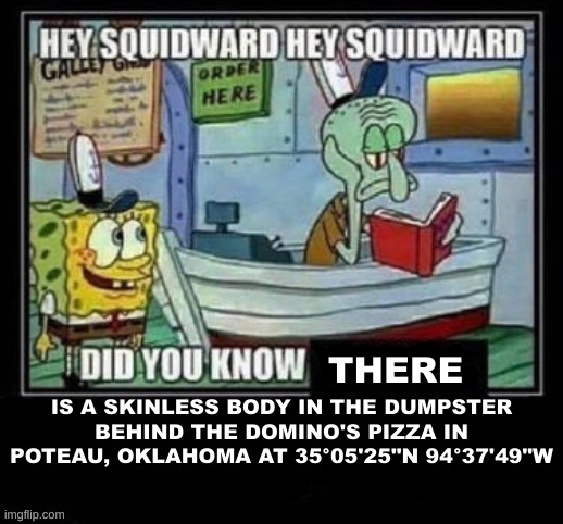 funny | THERE; IS A SKINLESS BODY IN THE DUMPSTER BEHIND THE DOMINO'S PIZZA IN POTEAU, OKLAHOMA AT 35°05'25"N 94°37'49"W | image tagged in spongebob,hey squidward,strangely specific,chat is this real | made w/ Imgflip meme maker