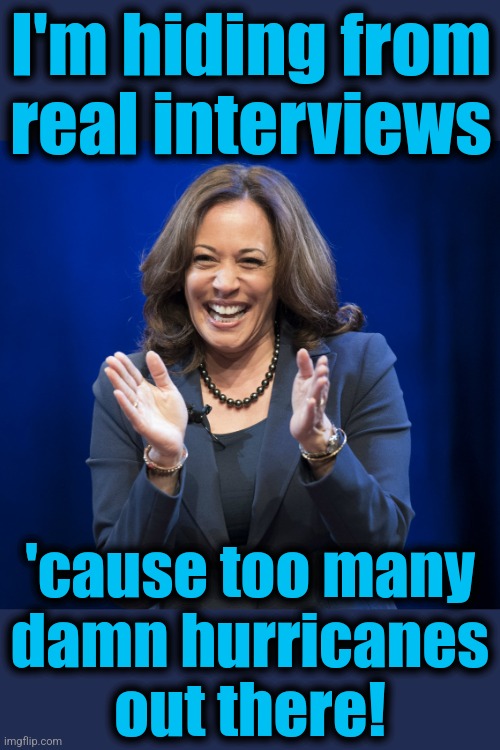 Yeah, that's it! | I'm hiding from
real interviews; 'cause too many
damn hurricanes
out there! | image tagged in kamala harris laughing,memes,hurricanes,democrats,interviews,hidin' ho | made w/ Imgflip meme maker