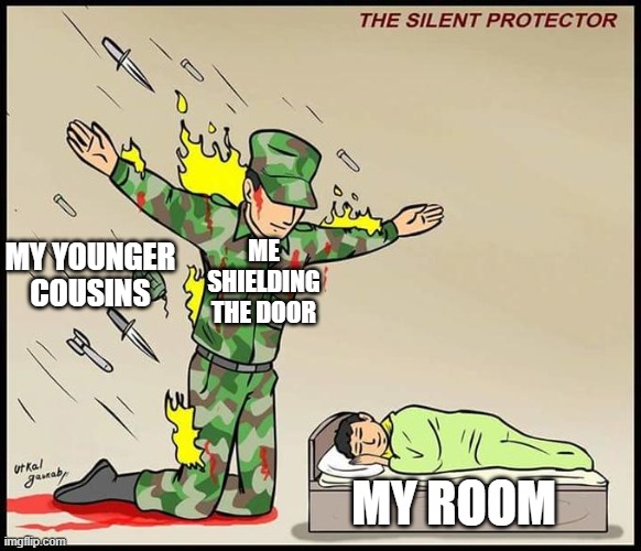 They make a whole mess in your room if you're gone for a bit, which is why I usually hate family gatherings | ME SHIELDING THE DOOR; MY YOUNGER COUSINS; MY ROOM | image tagged in the silent protector,cousins,younger,memes | made w/ Imgflip meme maker