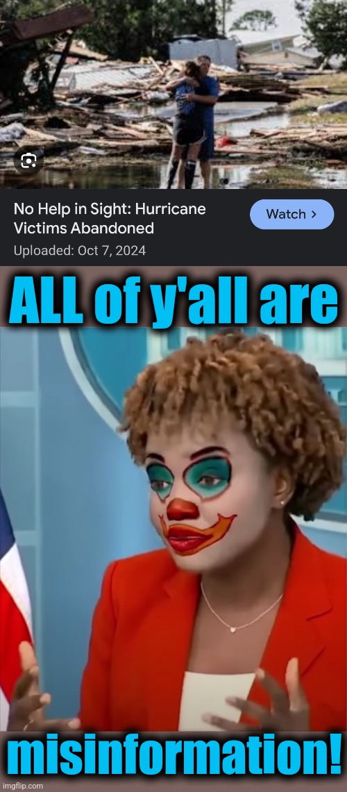 Misinformation! | ALL of y'all are; misinformation! | image tagged in press clown,memes,misinformation,hurricanes,disaster relief,democrats | made w/ Imgflip meme maker