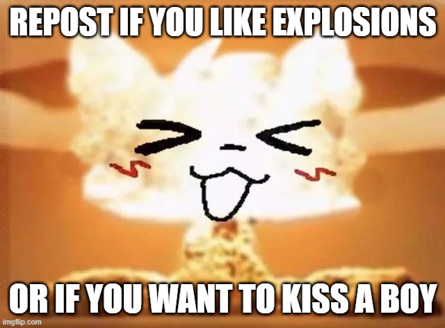 Boykisser nuke | REPOST IF YOU LIKE EXPLOSIONS; OR IF YOU WANT TO KISS A BOY | image tagged in boykisser nuke | made w/ Imgflip meme maker