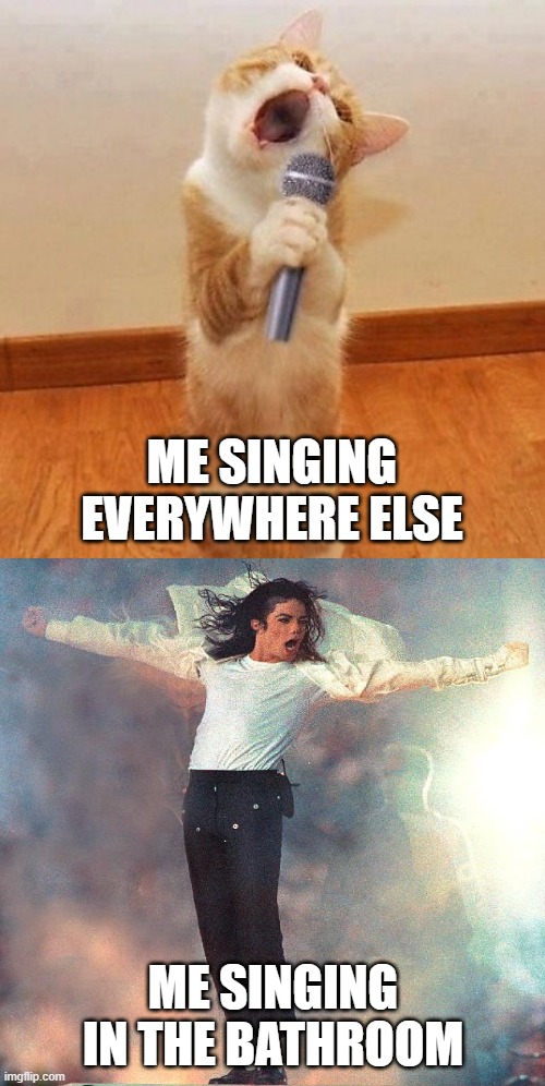 Happy birthday day  Maureeeennn from the singing cat!  | ME SINGING EVERYWHERE ELSE; ME SINGING IN THE BATHROOM | image tagged in michael jackson,mj,cat singer,funny memes,so true memes,so true | made w/ Imgflip meme maker