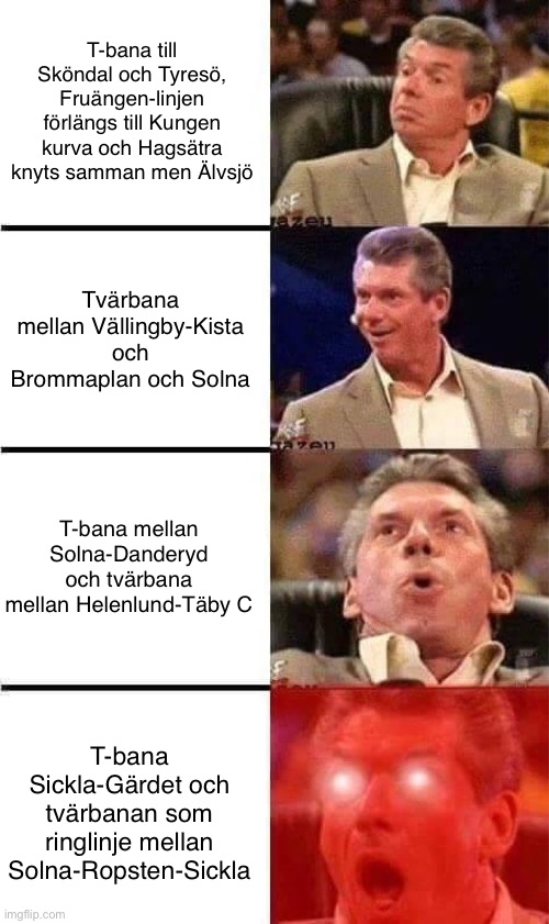 Vince McMahon Reaction w/Glowing Eyes | T-bana till Sköndal och Tyresö, Fruängen-linjen förlängs till Kungen kurva och Hagsätra knyts samman men Älvsjö; Tvärbana mellan Vällingby-Kista och Brommaplan och Solna; T-bana mellan Solna-Danderyd och tvärbana mellan Helenlund-Täby C; T-bana Sickla-Gärdet och tvärbanan som ringlinje mellan Solna-Ropsten-Sickla | image tagged in vince mcmahon reaction w/glowing eyes | made w/ Imgflip meme maker