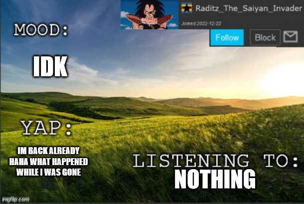 temp raditz | IDK; IM BACK ALREADY HAHA WHAT HAPPENED WHILE I WAS GONE; NOTHING | image tagged in temp raditz | made w/ Imgflip meme maker