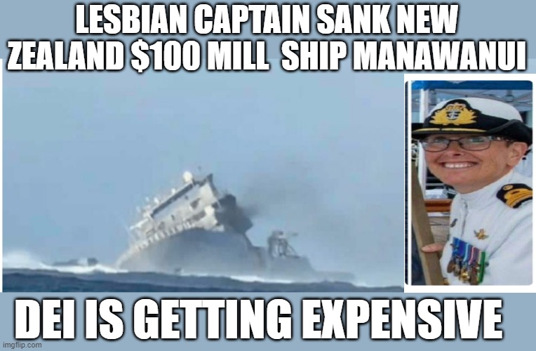 hiring based on gender and race instead of skill is a failing practice | LESBIAN CAPTAIN SANK NEW ZEALAND $100 MILL  SHIP MANAWANUI; DEI IS GETTING EXPENSIVE | image tagged in stupid liberals,funny memes,sad but true,political humor,truth | made w/ Imgflip meme maker