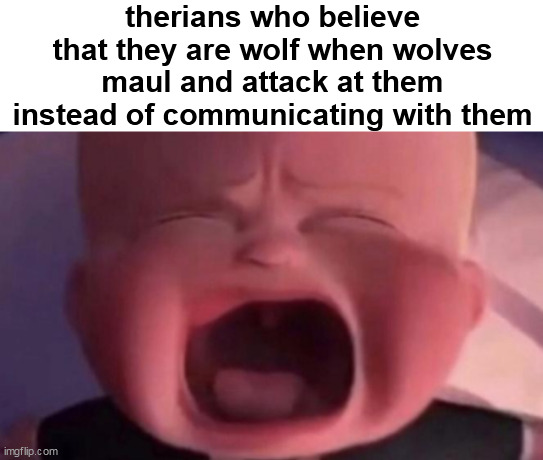 boss baby crying | therians who believe that they are wolf when wolves maul and attack at them instead of communicating with them | image tagged in boss baby crying | made w/ Imgflip meme maker