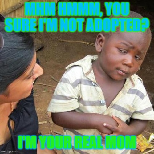 i'm adopted | MHM HMMM, YOU SURE I'M NOT ADOPTED? I'M YOUR REAL MOM | image tagged in memes,third world skeptical kid | made w/ Imgflip meme maker