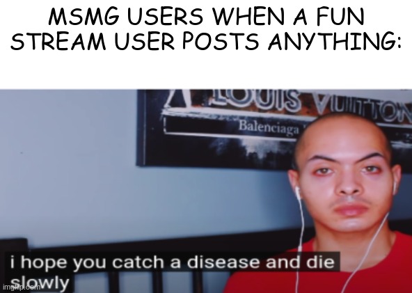 no matter the context too. (not talking about all msmg users obv) | MSMG USERS WHEN A FUN STREAM USER POSTS ANYTHING: | image tagged in i hope you catch a disease and die slowly,msmg | made w/ Imgflip meme maker