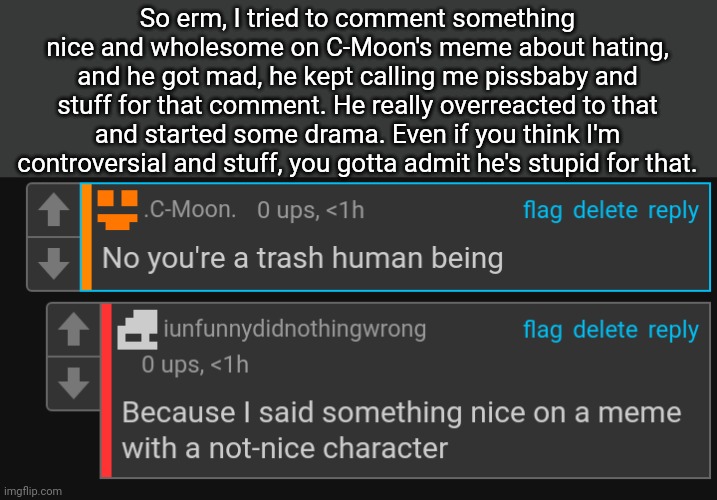"The meme had dio in it and dio isnt nice" he says | So erm, I tried to comment something nice and wholesome on C-Moon's meme about hating, and he got mad, he kept calling me pissbaby and stuff for that comment. He really overreacted to that and started some drama. Even if you think I'm controversial and stuff, you gotta admit he's stupid for that. | made w/ Imgflip meme maker