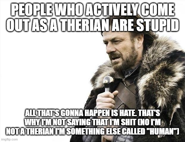 Brace Yourselves X is Coming | PEOPLE WHO ACTIVELY COME OUT AS A THERIAN ARE STUPID; ALL THAT'S GONNA HAPPEN IS HATE. THAT'S WHY I'M NOT SAYING THAT I'M SHIT (NO I'M NOT A THERIAN I'M SOMETHING ELSE CALLED "HUMAN") | image tagged in memes,brace yourselves x is coming | made w/ Imgflip meme maker